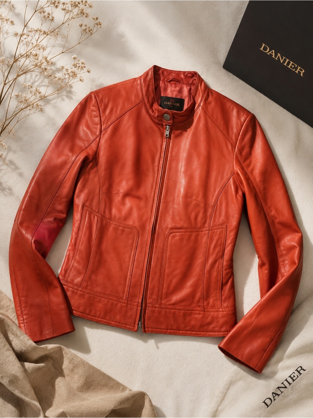 Danier Women's Orange-Red Leather Zip Jacket buttery soft